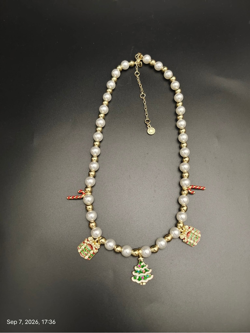 NWOT BaubleBar Gold & White Pearl Christmas Charm Necklace with Green Enamel Tre